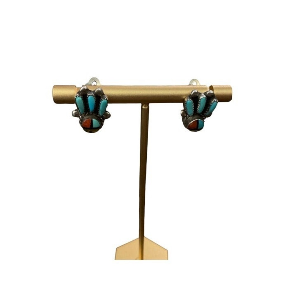 Zuni Bear Paw Clip-On Earrings Women OS Blue Coral Excellent Turquoise Inlay